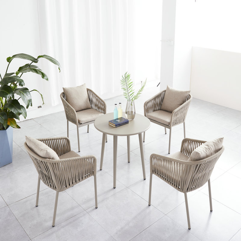 6009 Rope woven plastic wood leisure outdoor tables and chairs