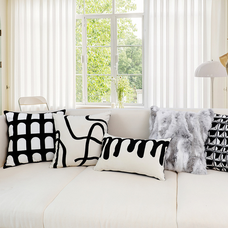 3671 Sofa pillow cover with black and white abstract line embroidery for pillows