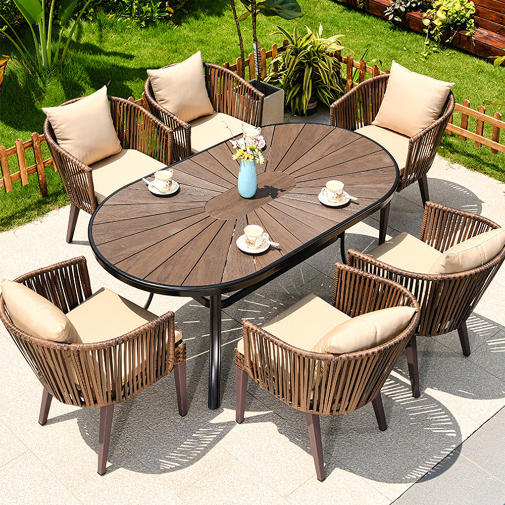 6065 Courtyard garden leisure anti-corrosion PE woven rattan plastic wood table and chair combination