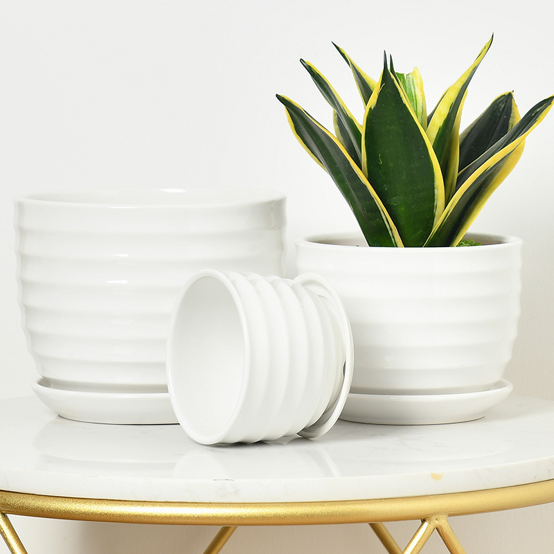 2028 Large ceramic flower pot with tray for household use