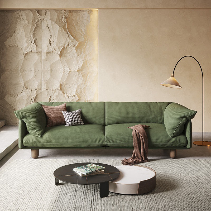 6089 Wabi Sabi style solid wood small unit minimalist straight row fabric sofa