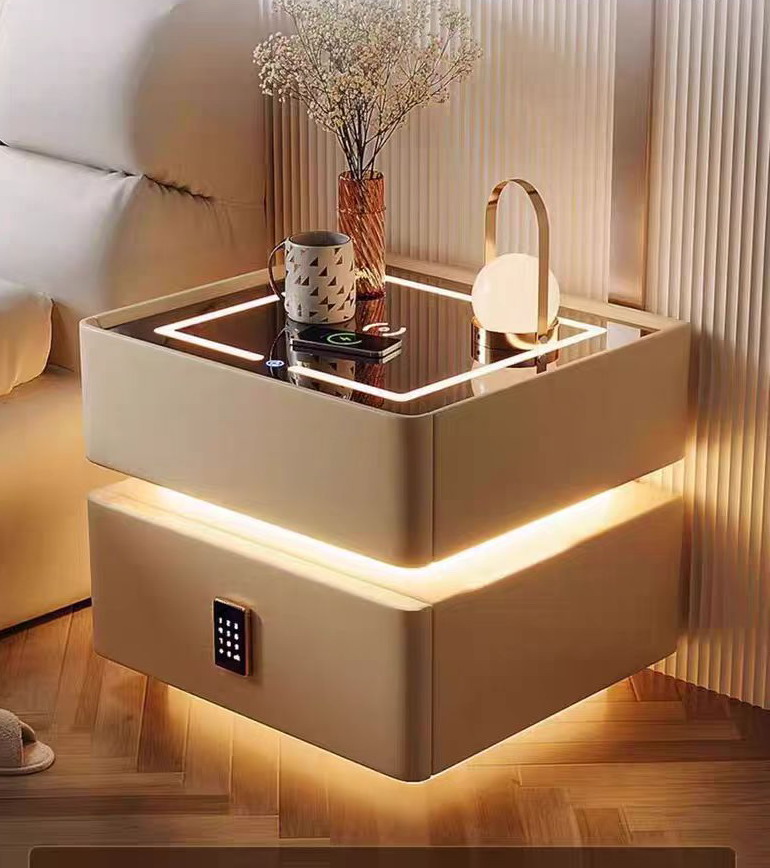 3012Suspended solid wood multifunctional intelligent bedside table